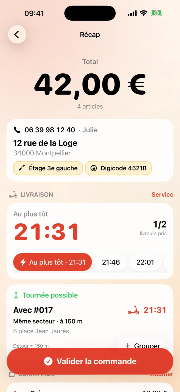 Callzone sur iPhone : le récapitulatif d’une commande en livraison, avec l’heure à annoncer