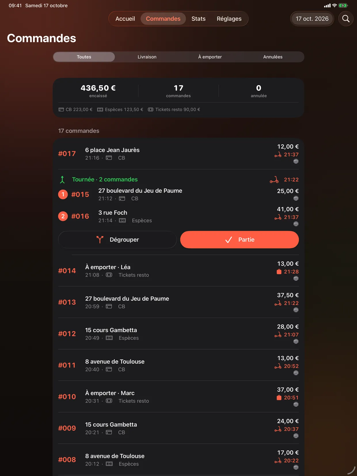 Commandes du jour sur iPad : total encaissé, tournées et livraisons