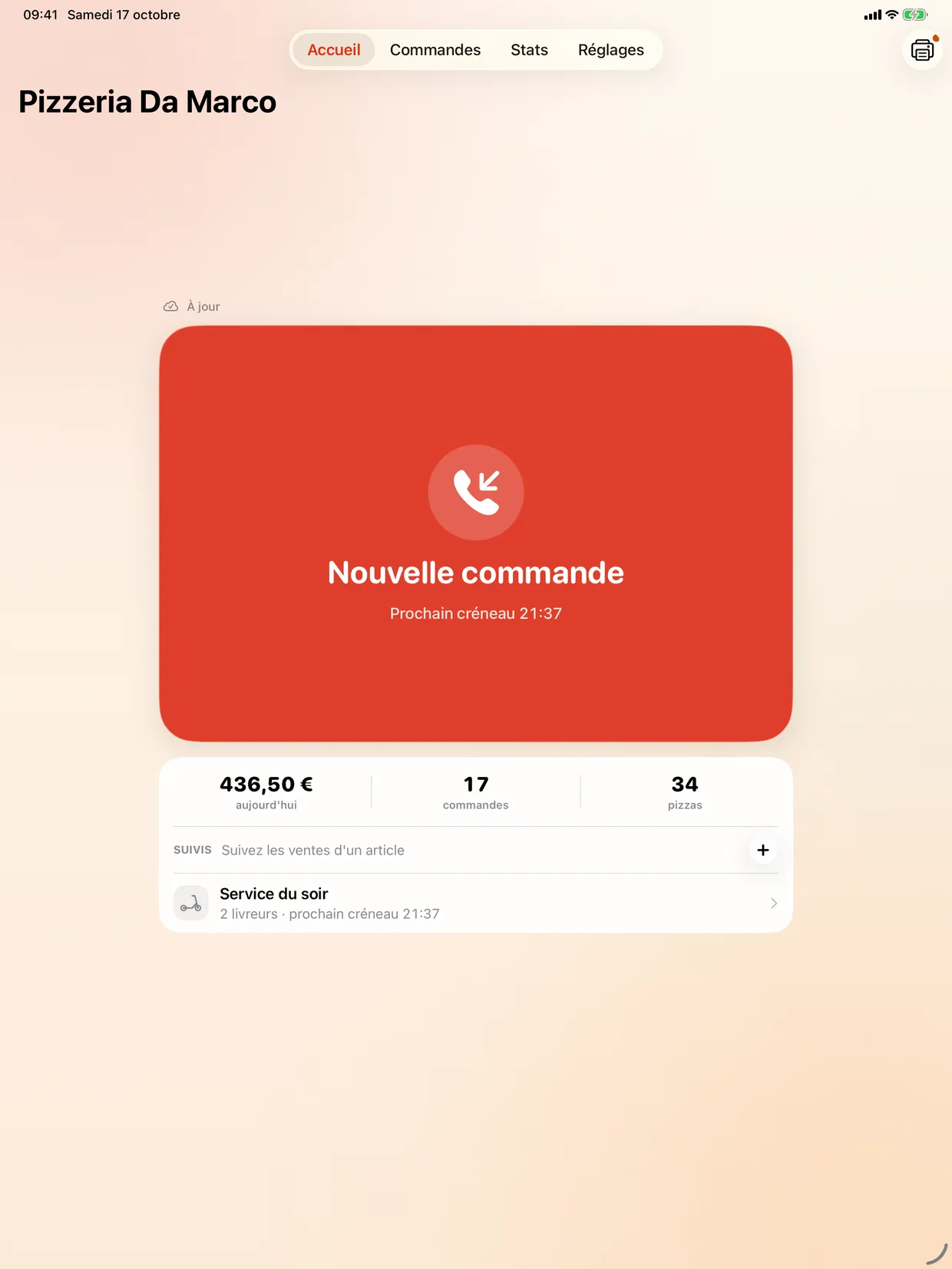 Accueil de Callzone sur iPad : nouvelle commande et résumé de la journée